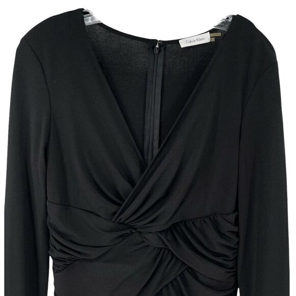 Calvin Klein Dress Black Ruched V Neck Long Sleeve Knee Length Classic Size 6 - Picture 3 of 6